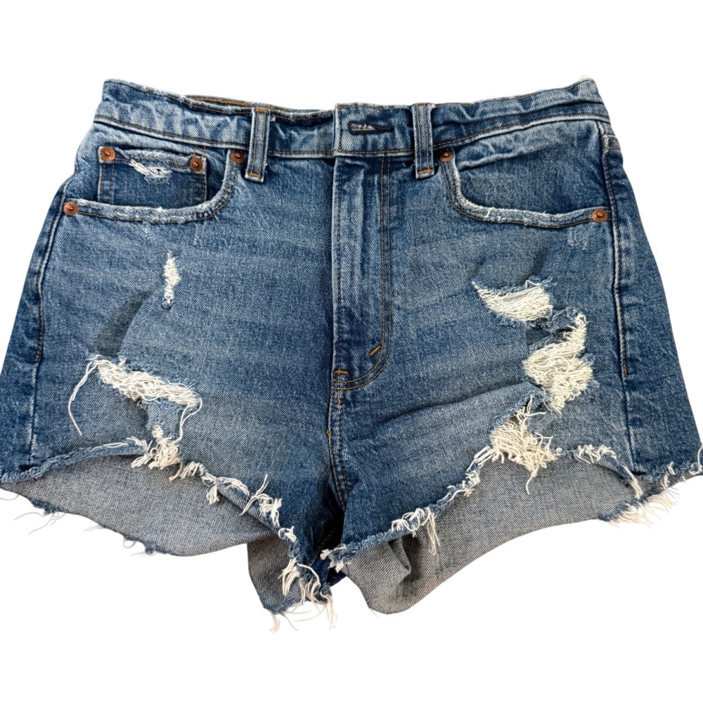 Abercrombie & Fitch High Rise Mom Shorts Distressed Denim Blue‎ Womens Size 26 2